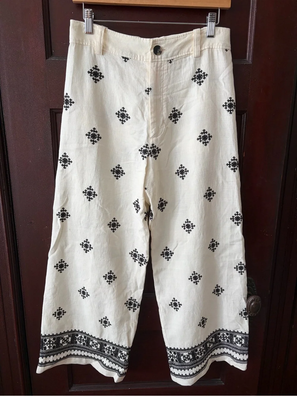 Zara Cream Wide-Leg Linen Embroidered Pants